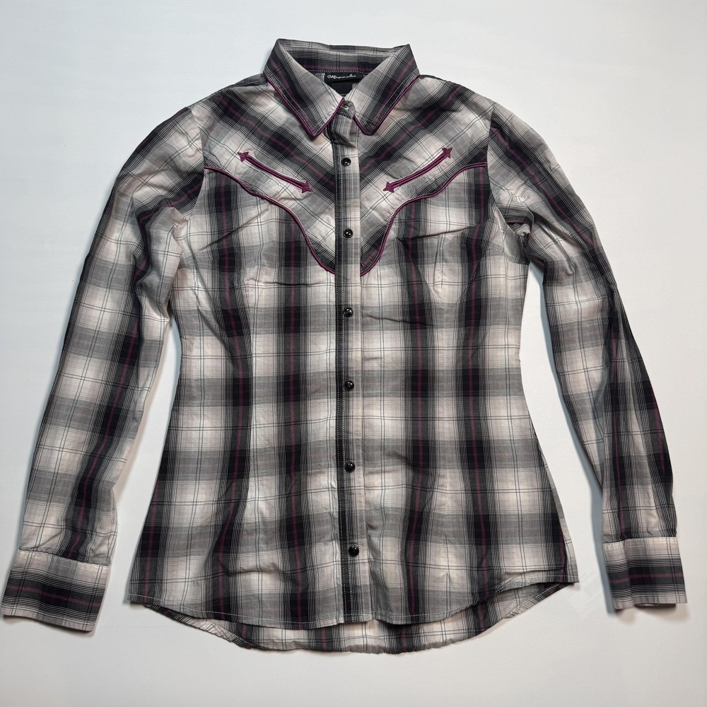 Wrangler Retro Shirt Womens XS Gray Plaid Western Snap Button Embroidered